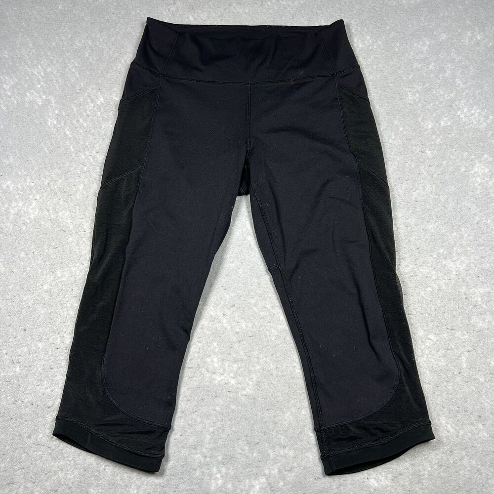 Lululemon Leggings Womens Size 6 Black Mid Rise Pockets Mesh Cropped Yoga Active